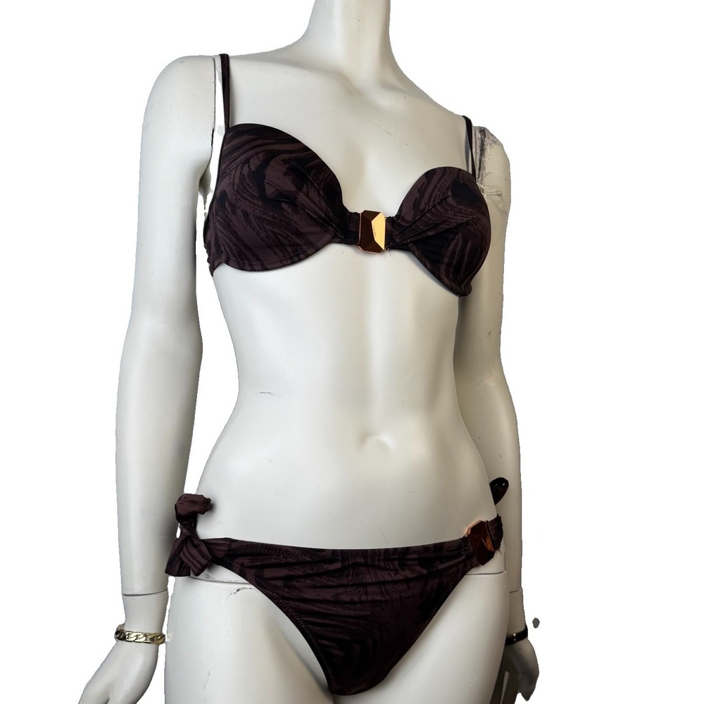 Calvin Klein Chocolate Brown Underwire Bikini Set M Rose Gold Hardware Y2K 36C